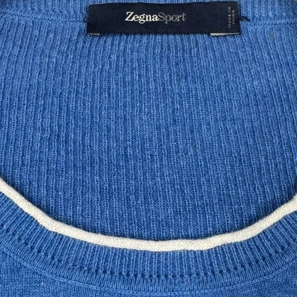 Zegna Sport Blue Cotton Cashmere Crewneck Sweater Men's Size Large (44)